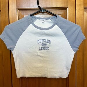 white and blue cropped baby T